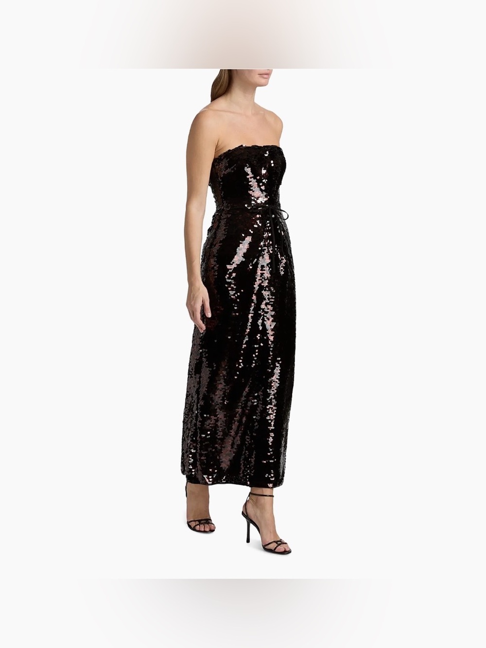 STAUD Strapless Espresso/Black Sequin Midi Dress